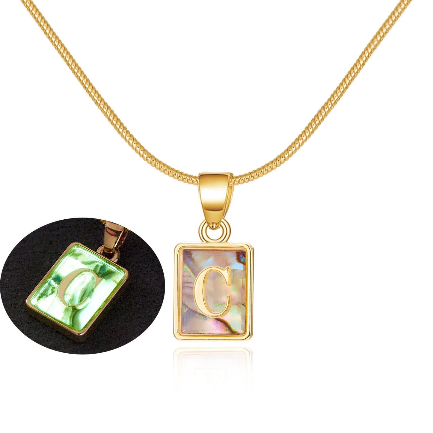 26 Letter Square Necklace Colorful Shell Luminous Pendant Chain Necklace For Women Temperament