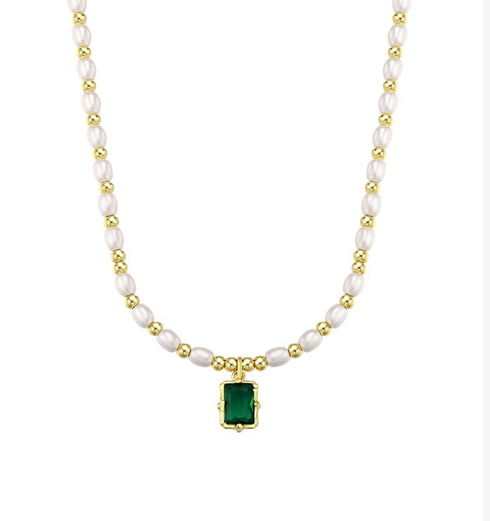 Light Luxury Minority Elegant Emerald Artificial Pearl Necklace For Women