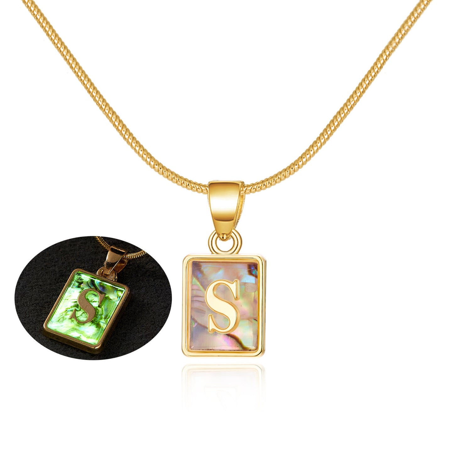 26 Letter Square Necklace Colorful Shell Luminous Pendant Chain Necklace For Women Temperament