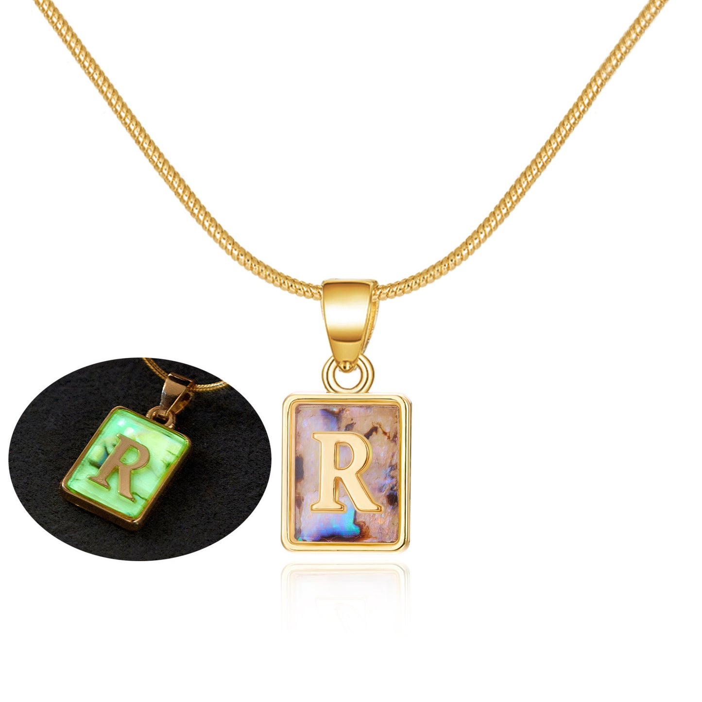 26 Letter Square Necklace Colorful Shell Luminous Pendant Chain Necklace For Women Temperament