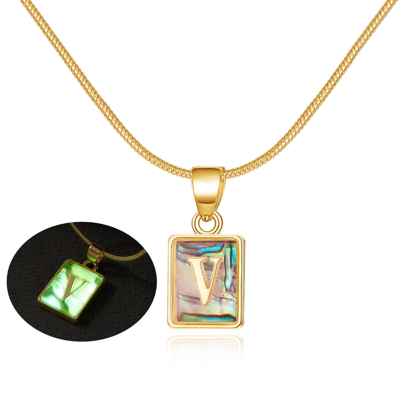 26 Letter Square Necklace Colorful Shell Luminous Pendant Chain Necklace For Women Temperament