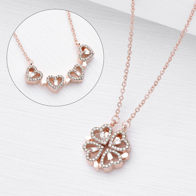 Magnetic Folding Heart Shaped Four Leaf Clover Pendant Necklace