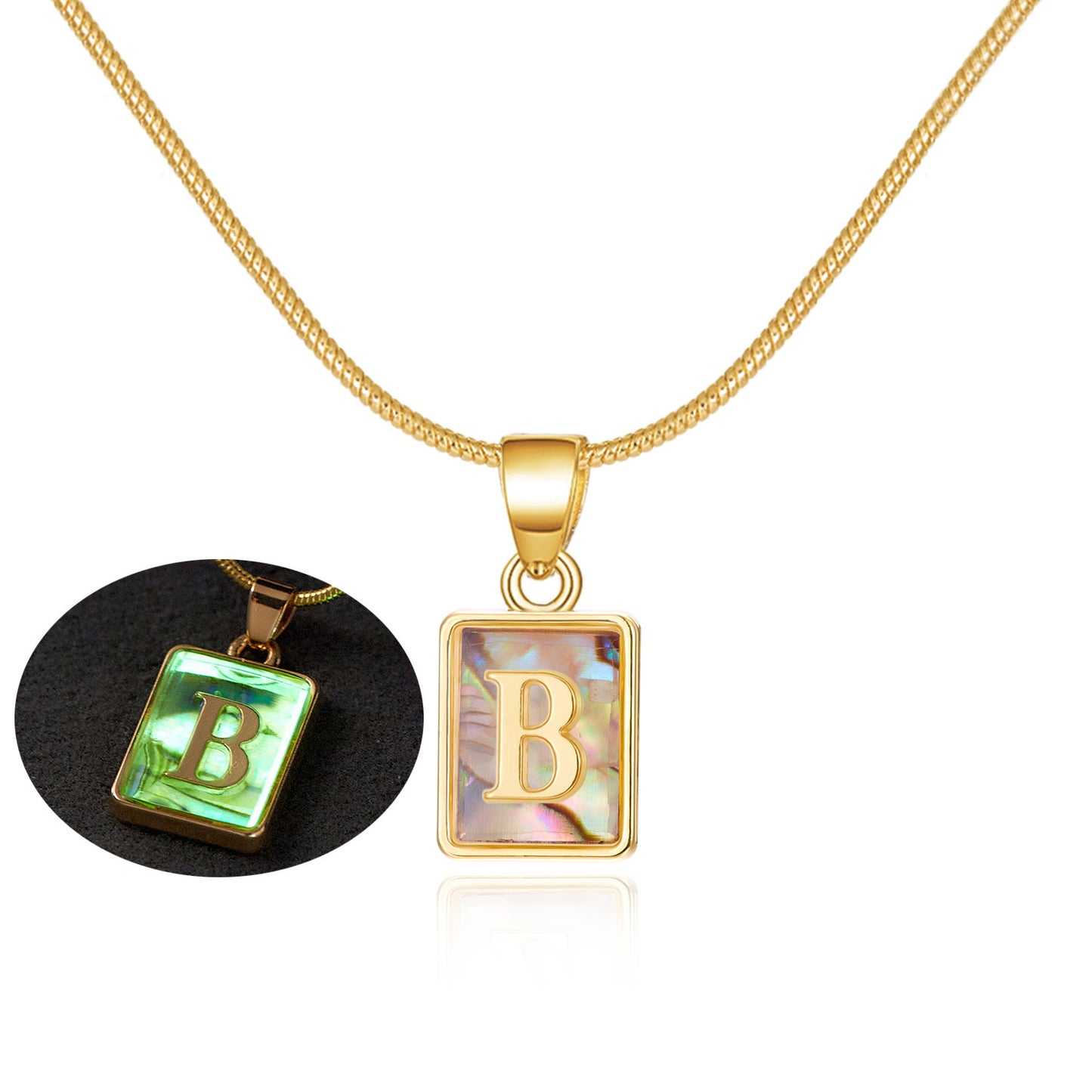 26 Letter Square Necklace Colorful Shell Luminous Pendant Chain Necklace For Women Temperament