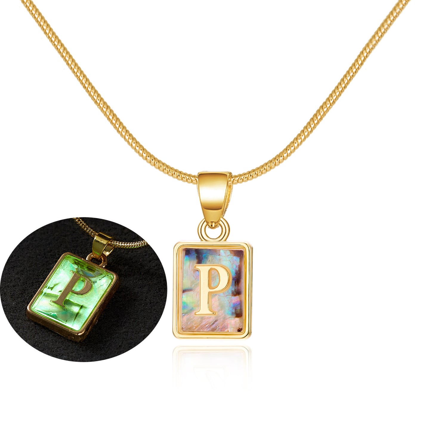 26 Letter Square Necklace Colorful Shell Luminous Pendant Chain Necklace For Women Temperament