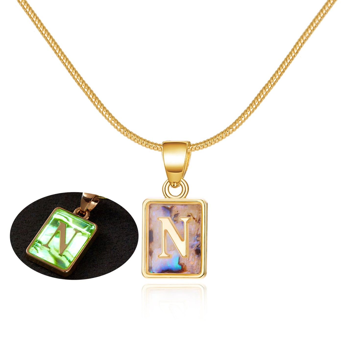 26 Letter Square Necklace Colorful Shell Luminous Pendant Chain Necklace For Women Temperament