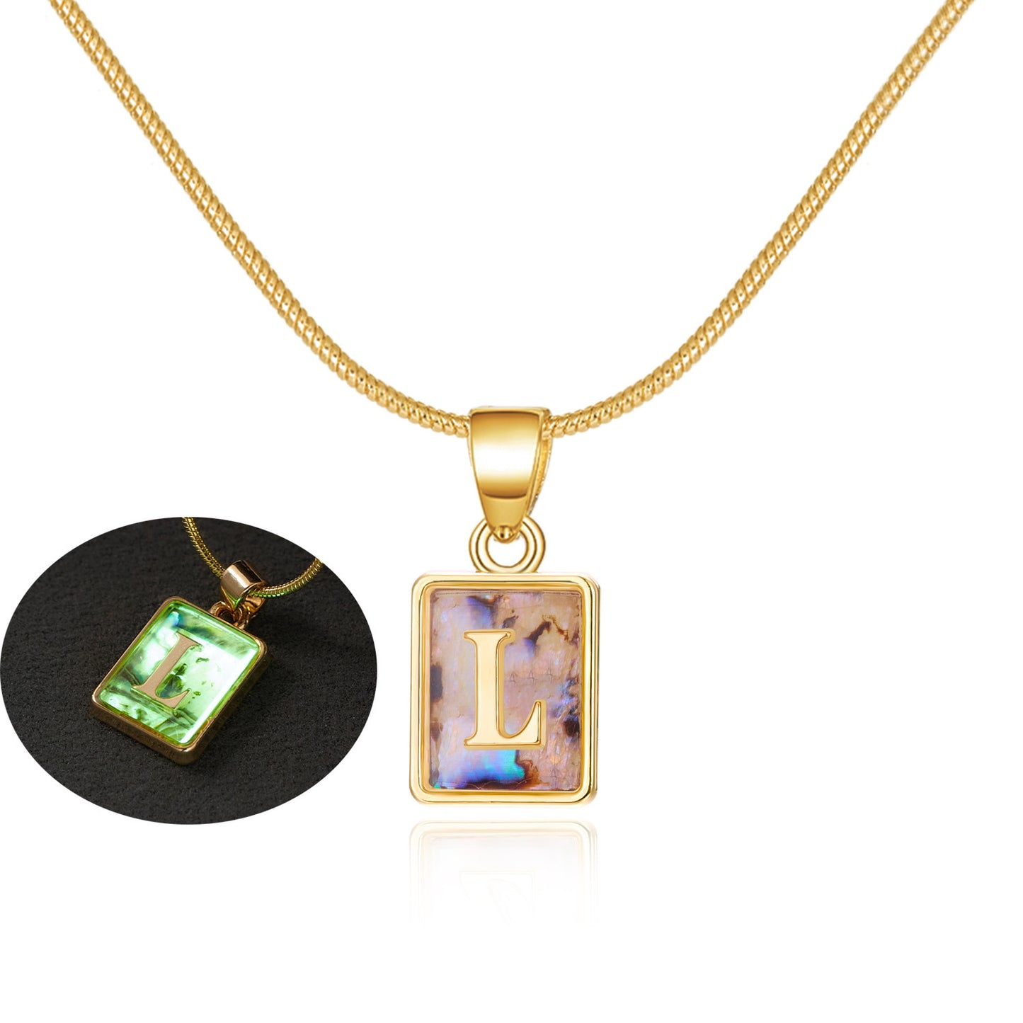 26 Letter Square Necklace Colorful Shell Luminous Pendant Chain Necklace For Women Temperament